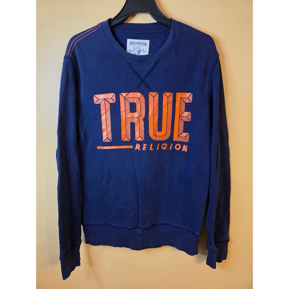 True Religion Mens Navy Blue Orange Graphic Logo Crewneck Sweatshirt Small